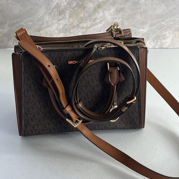 Michael Kors Medium Satchel Crossbody Purse Top Handles Brown Leather Gold Hope - Picture 3 of 10